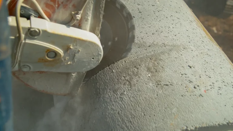 Betonsägearbeiten: Eine Kreissäge schneidet durch Beton, Staub und Schutt fliegen umher.