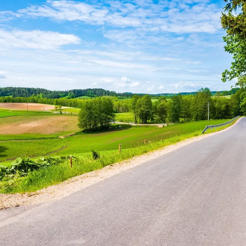 Eine Landstraße, die im Rahmen des landwirtschaftlichen Wegebaus angelegt wurde, führt durch grüne, weite Felder.