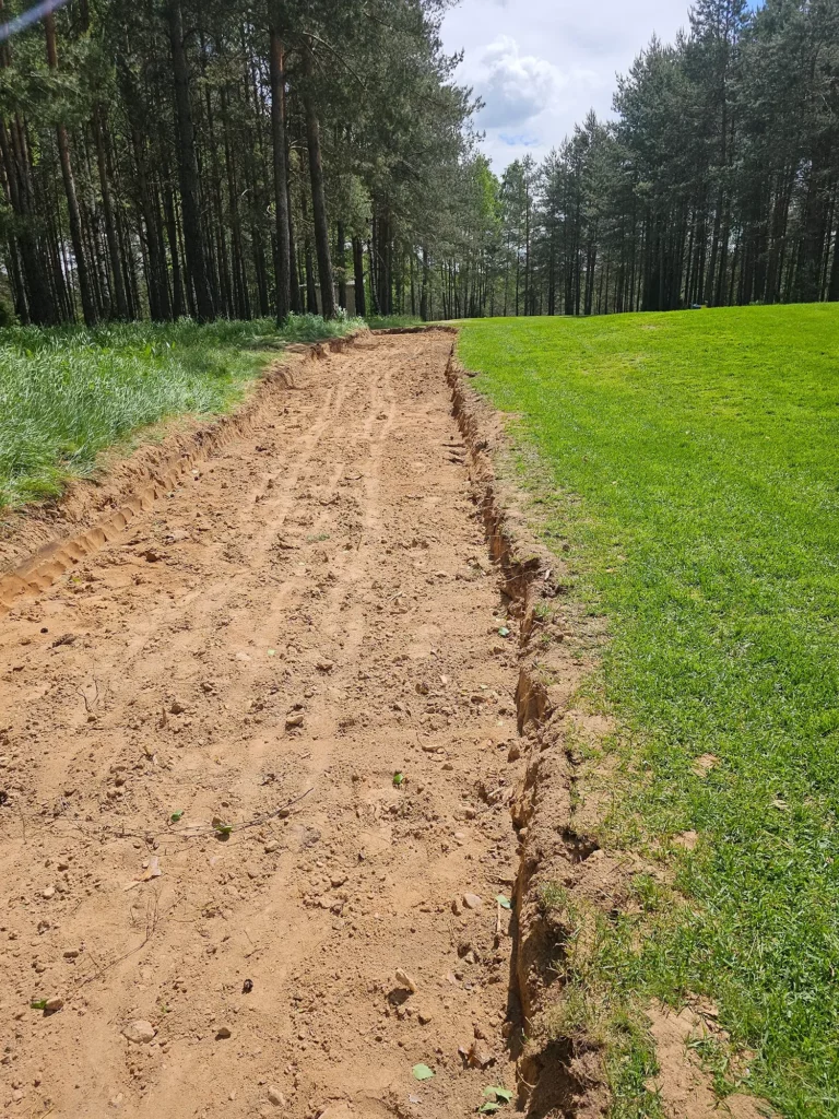 Ein grasbewachsener Feldweg lässt auf die Praktiken des Wegebaus schließen und führt in eine bewaldete Landschaft.
